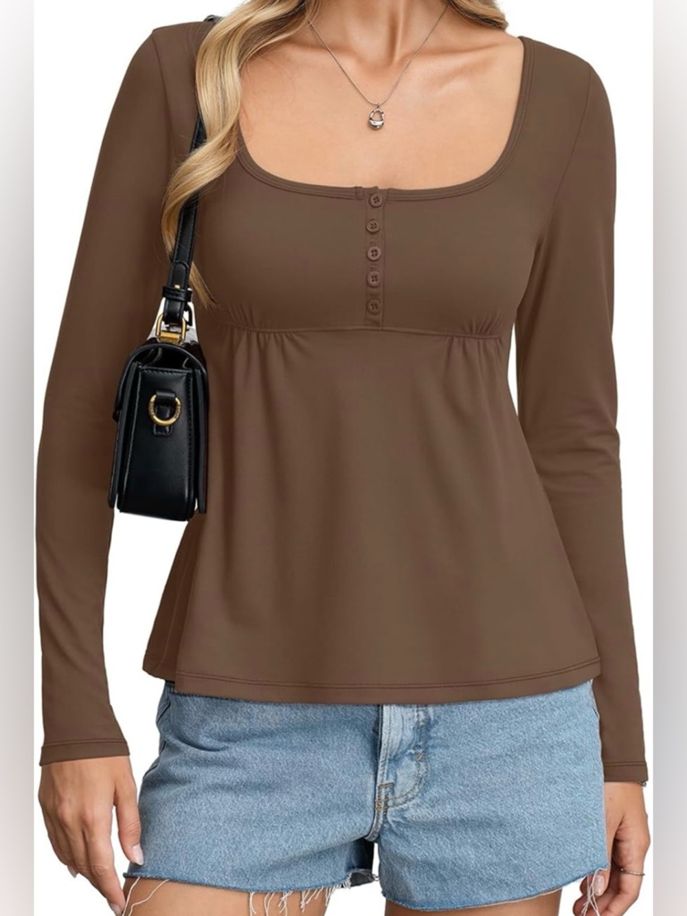 Scoop‎ Neck Button-Front Long Sleeve Babydoll Top in Coffee